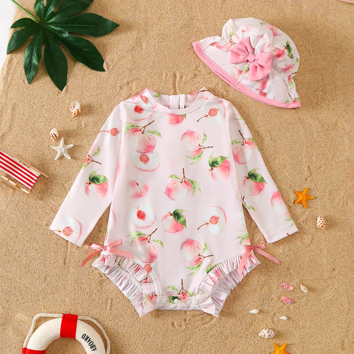 Baby Girl Summer Peach Pattern Long Sleeve Onesie Swimsuit with Sun Hat Infant Swimming Suit And Protection Accessories