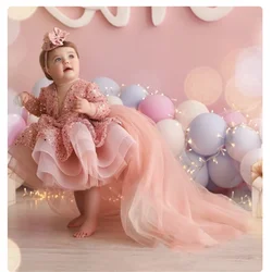 Vestidos de flores rosas para niña, purpurina brillante con lazo, fiesta de boda, baile de princesa, vestidos personalizados