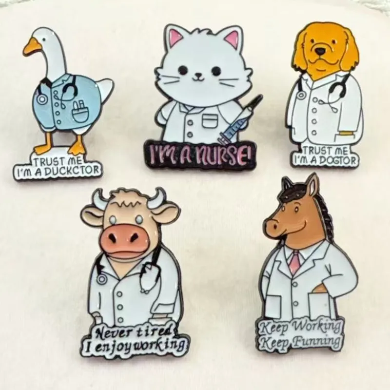 5pcs Cute Cartoon Cat Dog Doctor Nurse Enamel Brooch Animal Lapel Pin Backpack Clothing Badge Accessories