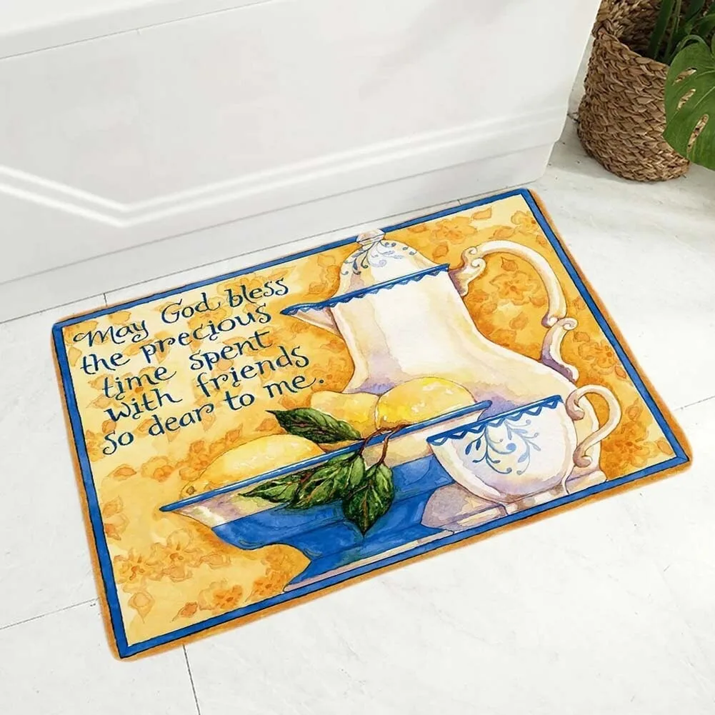 Vintage Lemon Teapot Rectangular Door Mat Floor Mat Watercolor Tea Cup Printed Floor Mat Kitchen Entrance Carpet Home Decoration