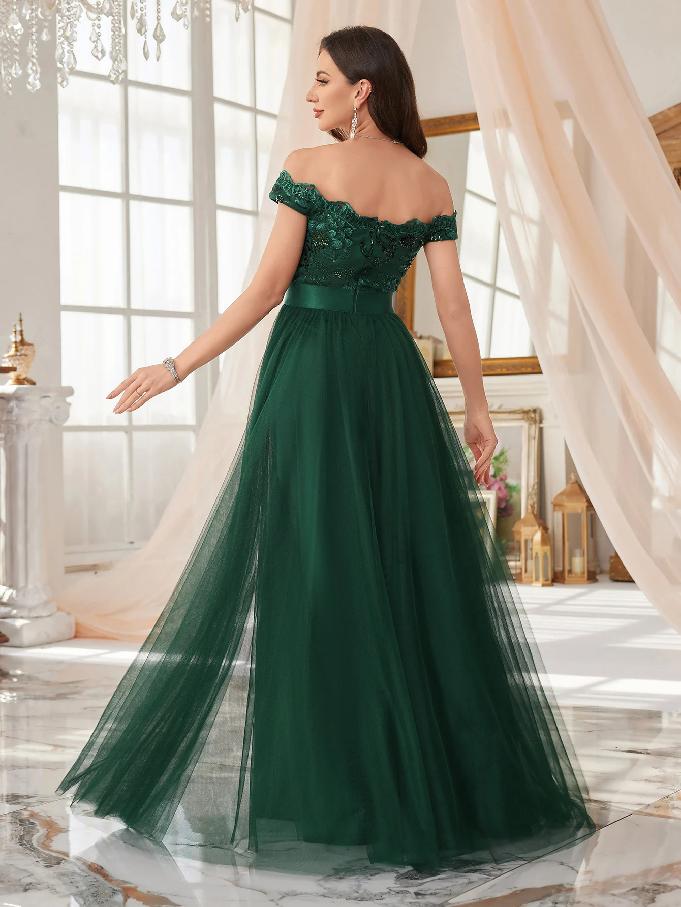 UNITHORSE Abito da donna elegante con spalle scoperte, alta fattura, perline, cuciture con paillettes, vita stretta, abito da ballo con spacco alto, tessuto a rete