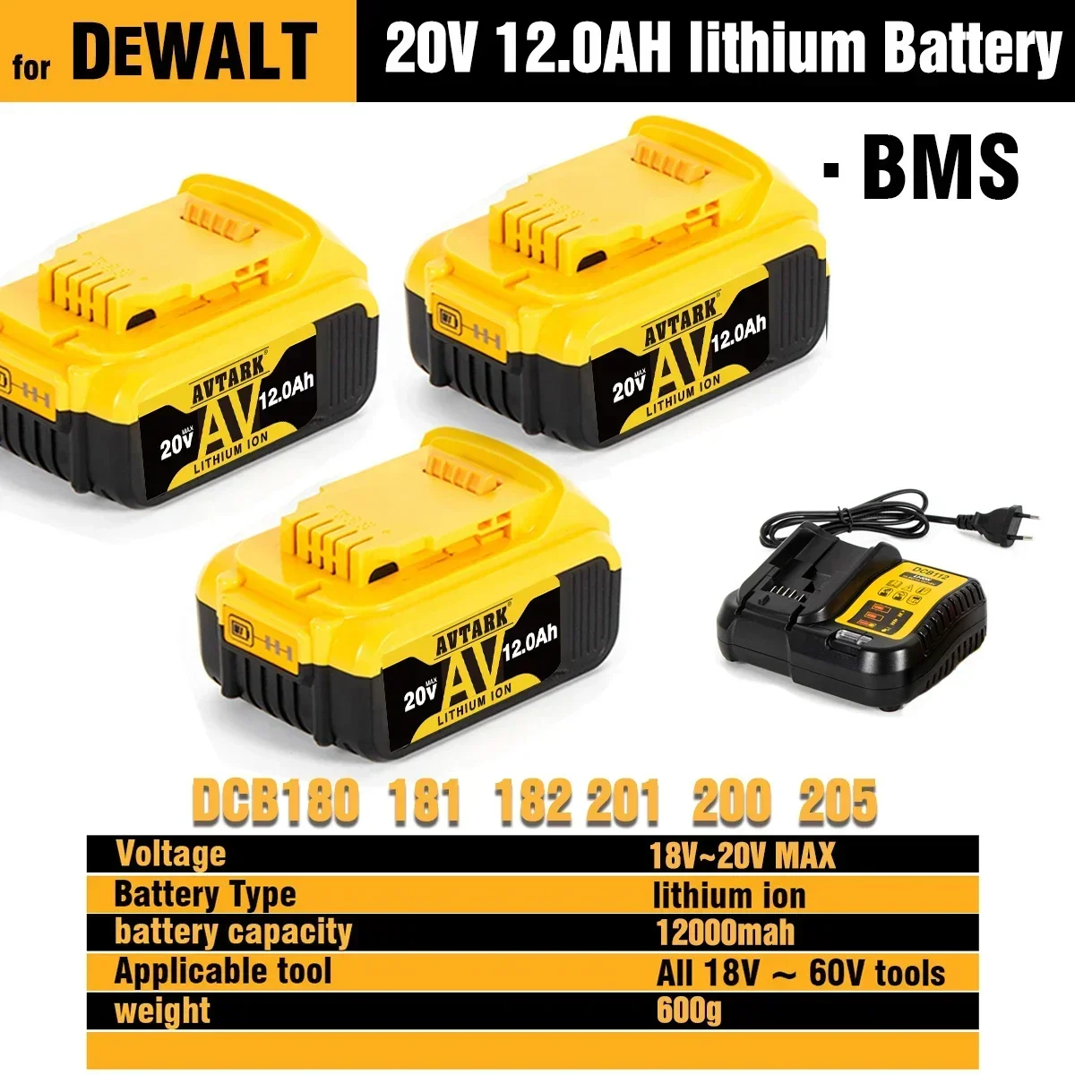 1～3Pack For DeWalt 20V 20 Volt Max 6.0AH Lithium Battery DCB206-2 DCB205-2 DCB200 DCB182 DCB180 DCB181 DCB182 DCB201