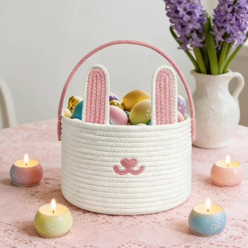 Woven Cotton Rope Easter Bunny Shaped Basket with Handles for Candy Toys Snacks, Holiday Party Gift Giving and Home Decor