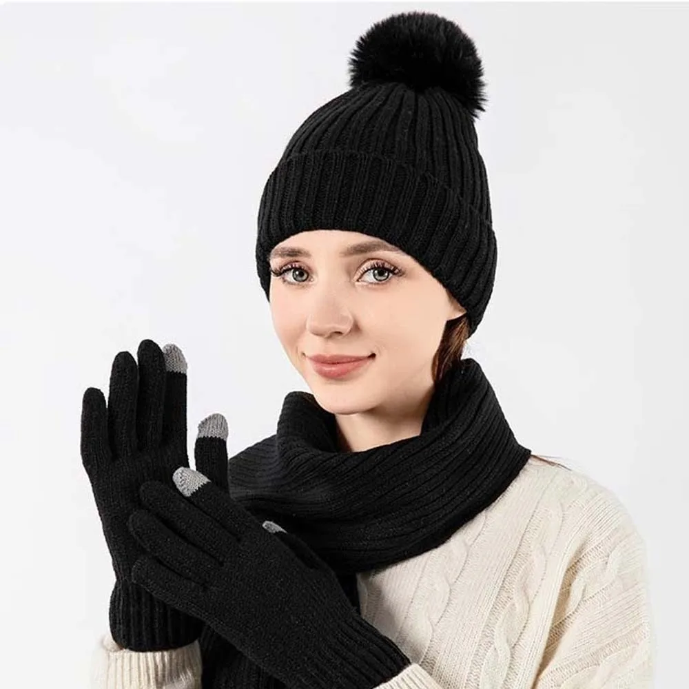 Versátil conjunto de cachecol elástico e chapéu luvas mais quentes tela sensível ao toque luvas à prova de frio macio cor sólida cachecol de malha à prova de vento