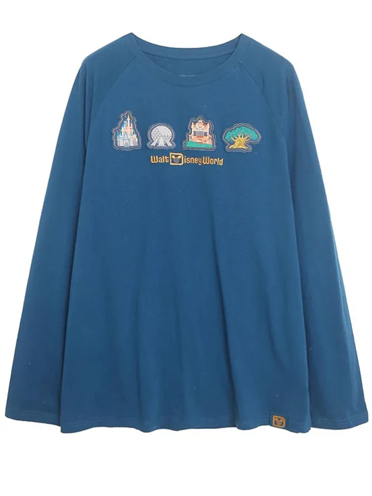 ديزني لاند والت ديزني العالم البلوز ميكي ماوس التطريز الكرتون تي شيرت مطبوع للجنسين زوجين المرأة طويلة الأكمام بلوزة مستديرة العنق