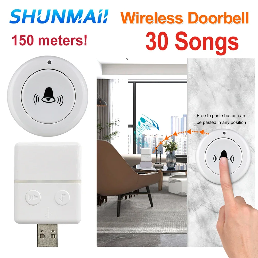 Smart Home Wireless Doorbell 433MHz USB Wireless Door Bell 30 Songs Home Welcome Chimes Ringtone One-key Alarm Remote Control