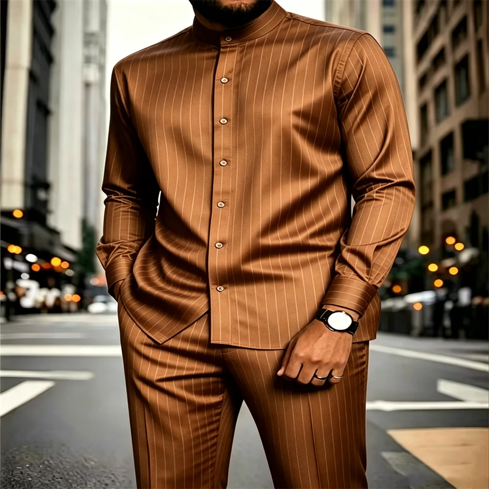 Men Luxury Satin 2‑Piece Outfit Stand Collar Vertical Stripe Long Sleeve Shirt And Pants Business Party Suit