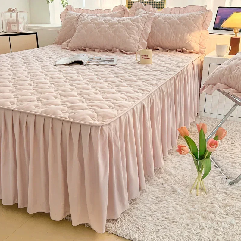 Solid Bed Skirt 1Pc High-Weight Water-Washed Quilted 45cm Hem, Luxurious for a Sophisticated Bedroom