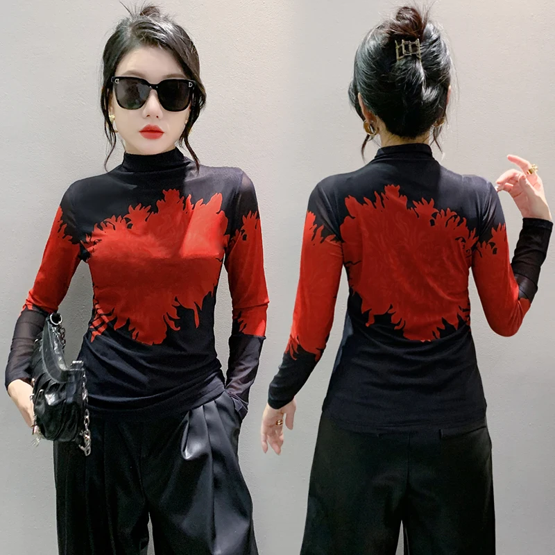 Autumn New Long Sleeve Positioning Printing T-shirt Women\'s Double-Layer Light Mesh T Shirts Female Half Turtleneck Top