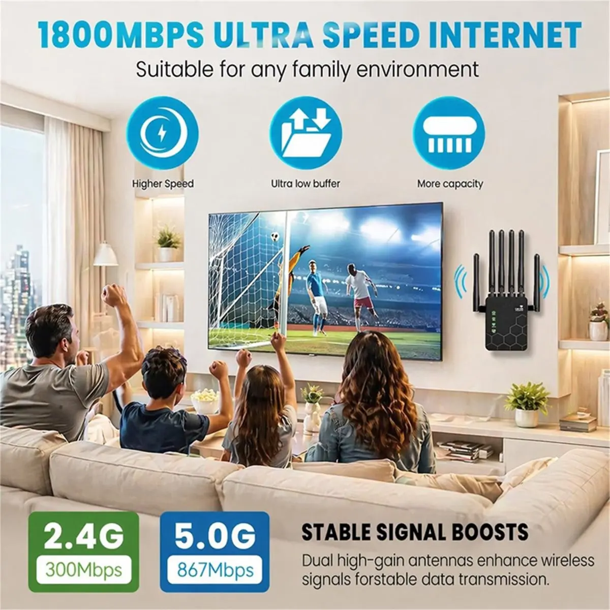 1200M 5G WiFi 6 Signal Booster with 6 Antennas Router Extender for Smart Routers Wall Penetration Wide Coverage EU-PLUG