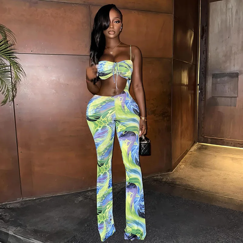 

Printed Camiasole Skinny Flare Jumpsuits Women Sexy Hollow Out Drawstring Strapless Backless Peach Hip Slim Clubwear Overalls