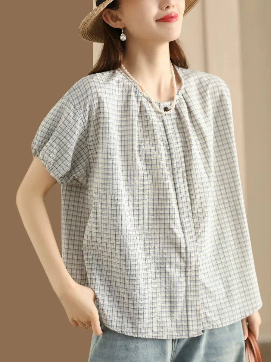 Casual Cotton Linen irt Women Summer Anti-Aging Bubble Sve round Ne Slimming Overhead Top Artistic Sle Commute Sle...