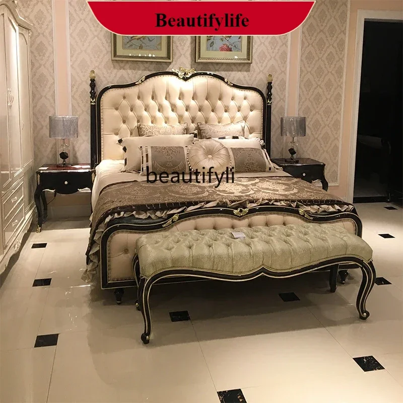 

D132 European leather bedside stool neoclassical luxury solid wood carving flower, first layer cowhide shoe changing stool