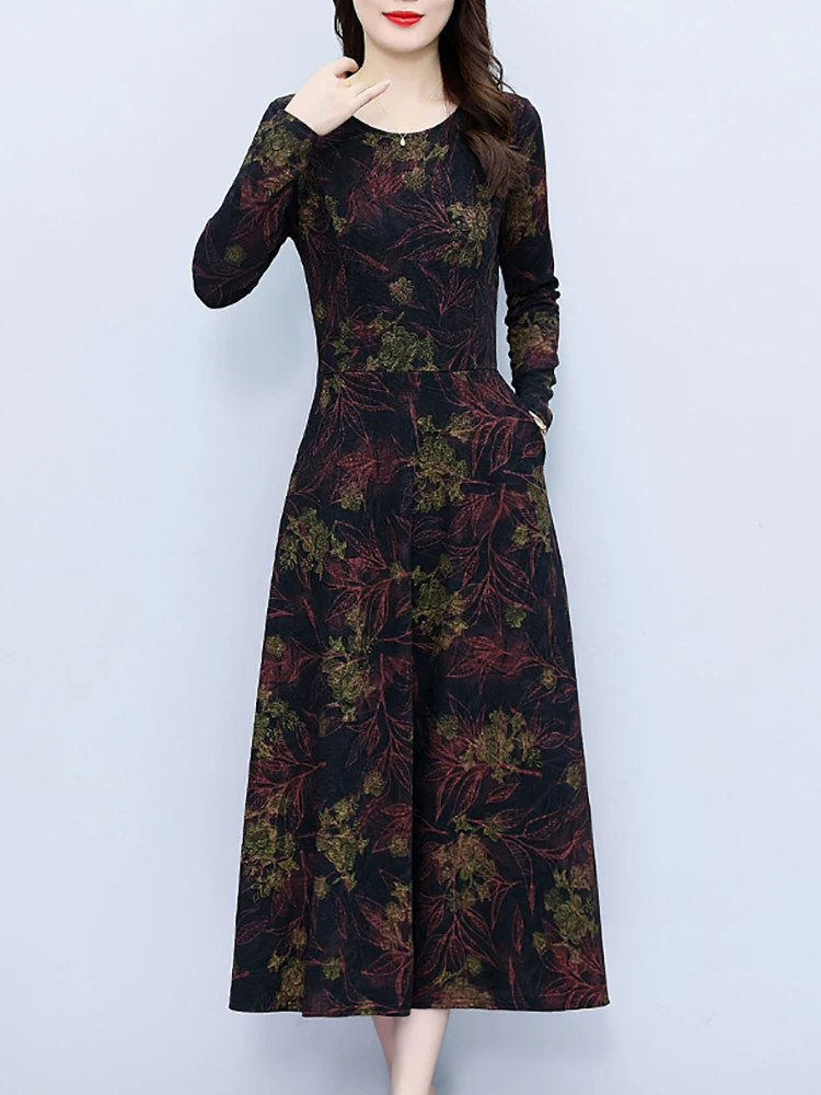 Black Vintage Print Casual Parrty Midi Dress 2024 Autumn Winter Long Sleeve Luxury Long Dress Women Elegant Bodycon Prom Vestido