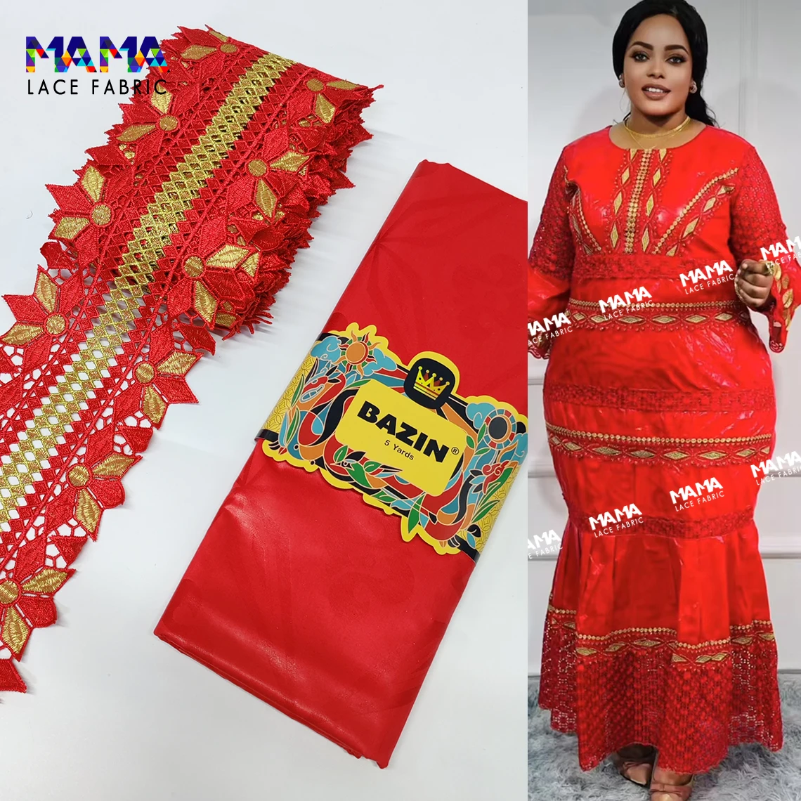 

Nigerian Original Red Lace Trim Ribbon With Bazin Riche Fabric African Basin Riche Mali Women Wedding Sewing DIY Fabrics