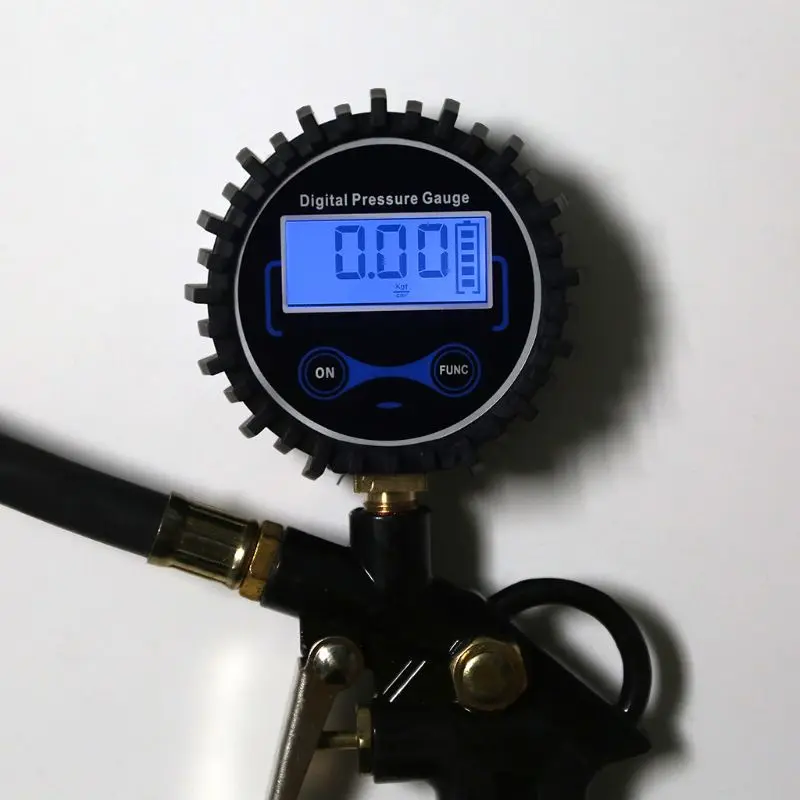 Digital Tire Inflator Pressure Gauge LED Display Tyre Deflator Gage with Straight Brass Lock-on Chuck Rubber Hose