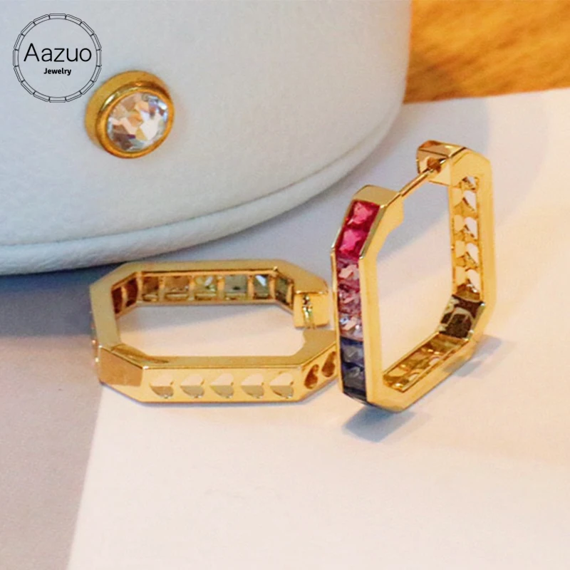 

Aazuo 18K Fine Jewelry Pure Solid Yellow Gold Natural Coloured Gemstone Fairy Geometry Hoop Earring gifted for Women Birthday