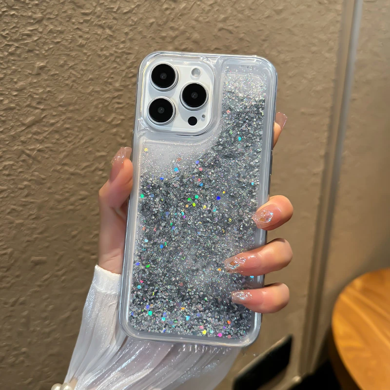 Liquid Flowing Glitter Quicksand Case Cover for iPhone 15 14 16 Pro Max Shiny Sparkles Sand Shell Soft Silicone Clear Funda Hull