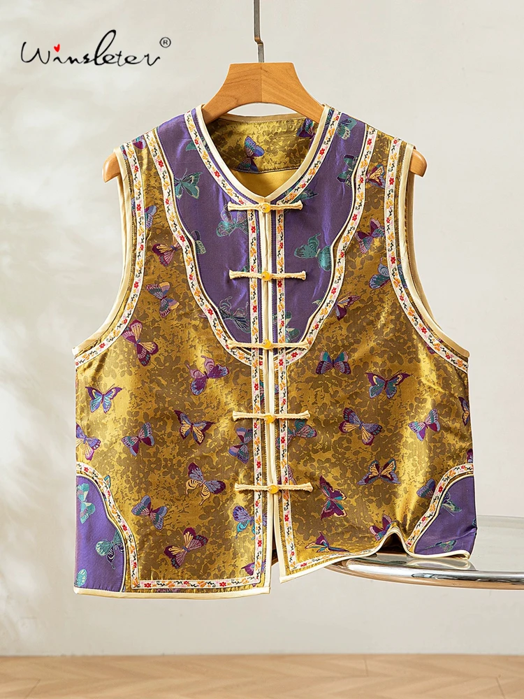 

Winsleter-100%Real Silk Shu Brocade Elegant Vest Coat, V Neck Butterfly, Women New Chinese Style Waistcoat, 2025 Winter C5N569CC