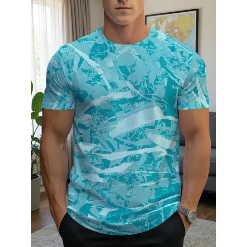 Men's Full Camouflage Textured Print T-Shirt Mint Blue Abstract Marbled Pattern Crew Neck Casual Style