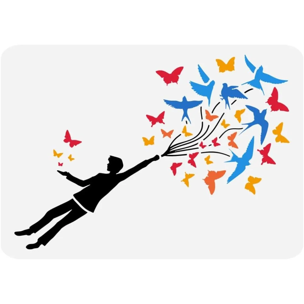 1pcs Fly Away Man Painting Stencil 8.3x11.7inch Reusable Fly Away with Butterfly Bird Drawing Template Man Silhouette