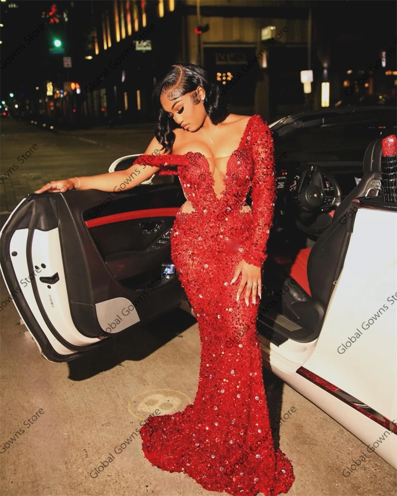 Red One Shoulder Luxury Deal Long Prom Dress For Black Girls 2024 Bead Rhinestone Birthday Party Dresses Evening Gown Customized