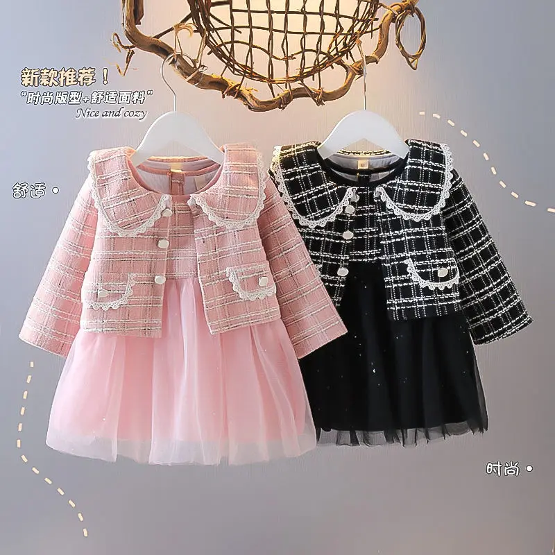 2023 Spring Girls Fashion 2pcs Plaid Dress Baby Kids Children Clothing Set Including Coat+ Dress