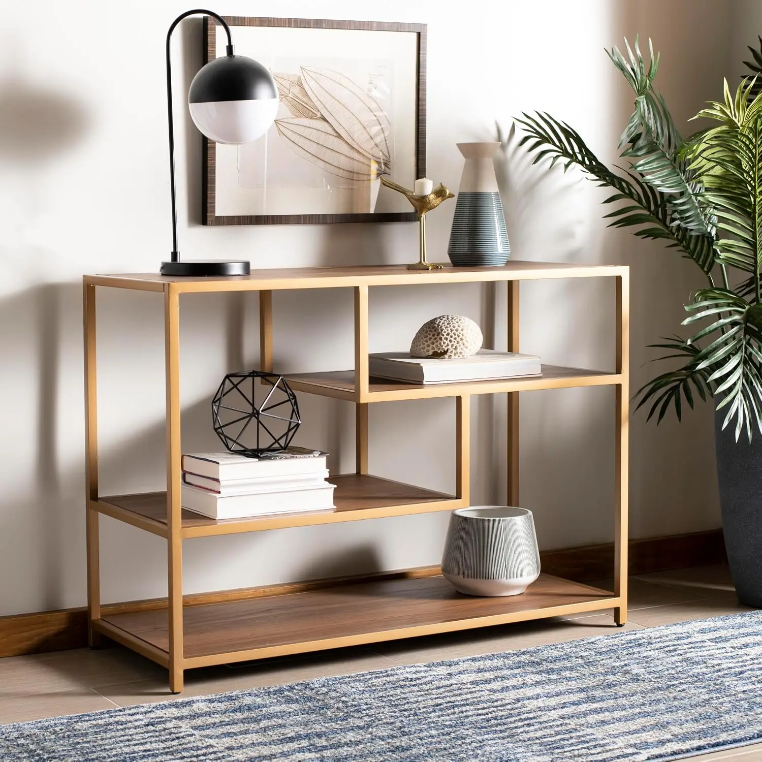 Mid-Century Modern Walnut & Gold Console Table for Living Room Entryway 47