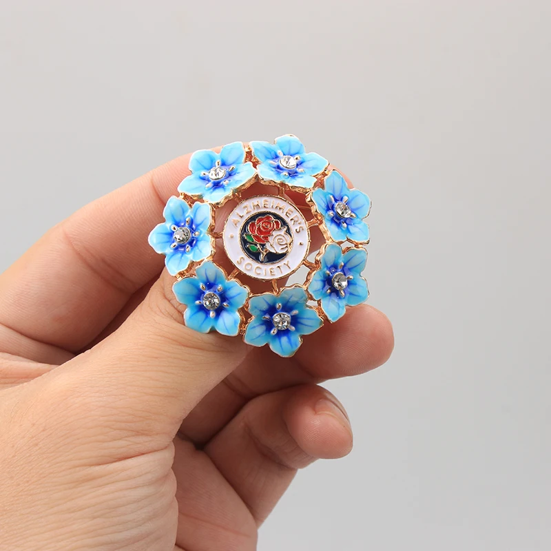 Vintage Blue Forget MeNot Flower Wreath Brooch Pin Enamel Rhinestone Floral Lapel Pin Women Jewelry