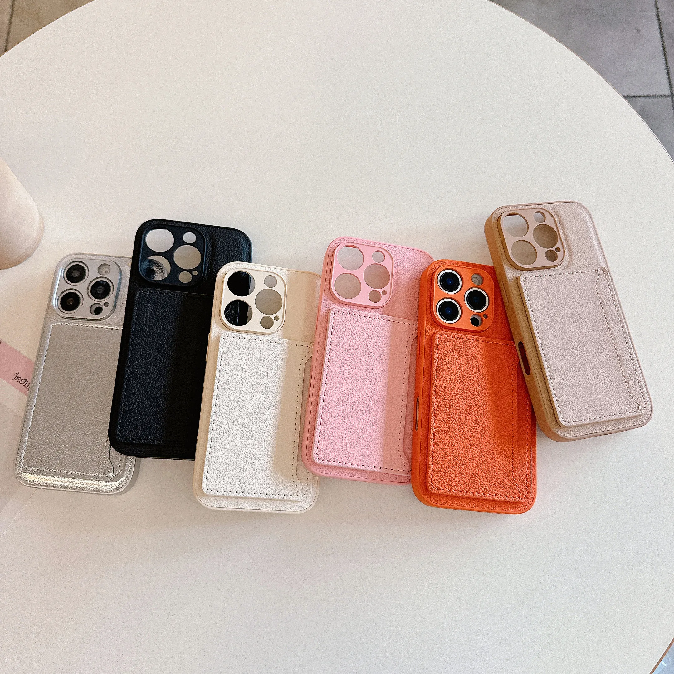 

Litchi pattern genuine leather card case with side insertion for mobile phone protection, suitable for iPhone series phones