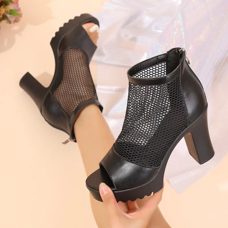 2026 New Summer Mesh Fish Mouth Women's Sandals Large Size Platform Super High Heel Cool Boots Back Zipper Women Sandals