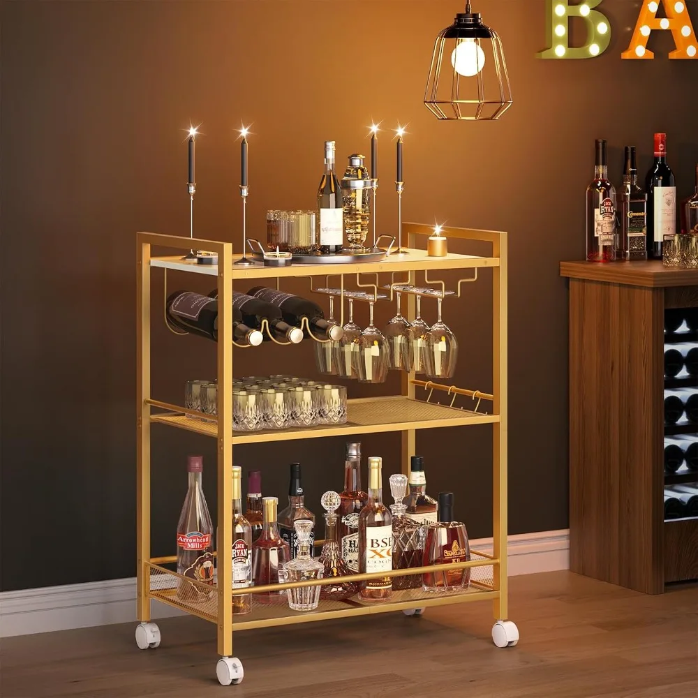 3-Tier Rolling Bar Cart with Wine Rack and Glass Holder, Mobile Kitchen Shelf for Dining Room, Gold view 4