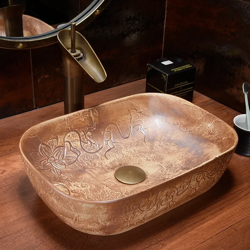 

Cross-Border Retro Art Table Basin Rectangular Ceramic Washbasin Bathroom Antique Basin Chinese Style Wash Basin