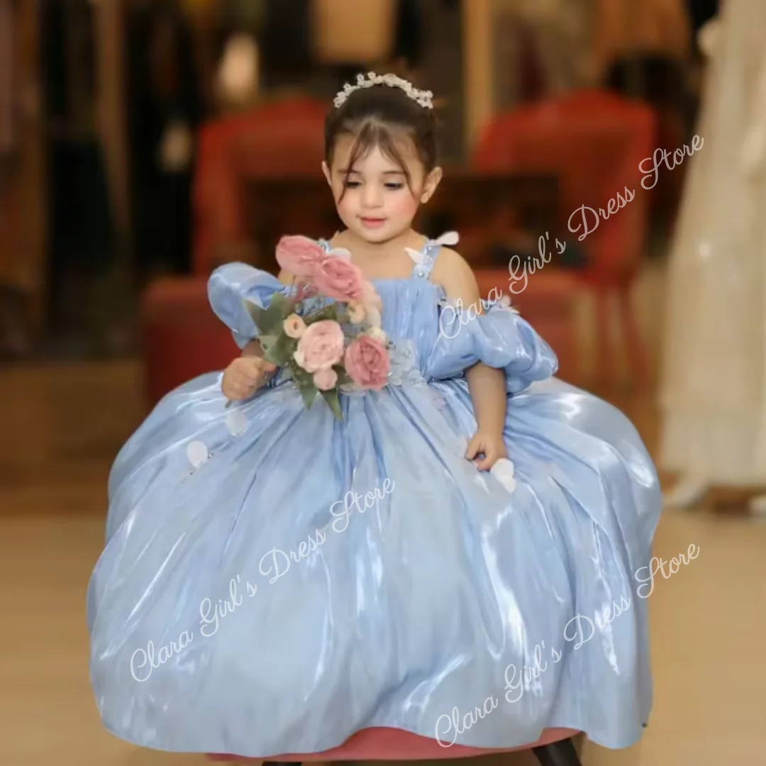 Light Blue Shiny Satin Girl's Flower Dress Off-Shoulder Birthday Party Dress Celebrity Evening Gown Custom Made