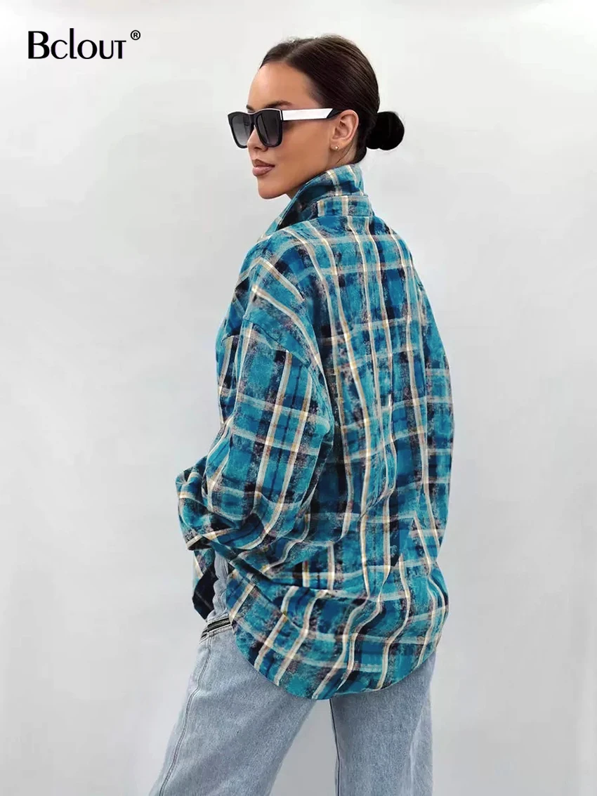 Bclout Casual Blue Plaid Shirts Blouses Women 2024 Street Cotton Long Sleeve Loose Shirts Fashion Single Breasted Blouses Coats