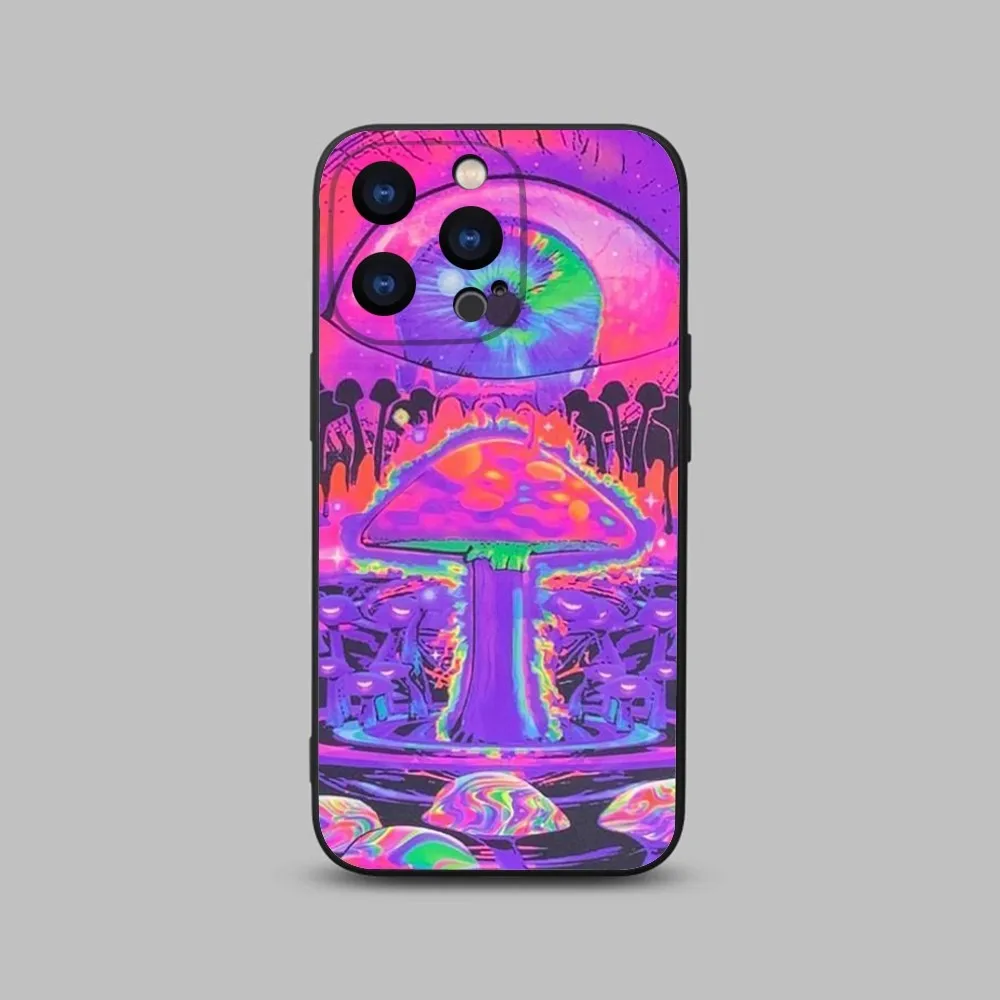 Trippy Mushrooms Eye Phone Case For iPhone 15,14,13,12,11 Plus,Pro,Max,XR,XS,X,7,8 Plus,SE,Mini Black Silicone Soft