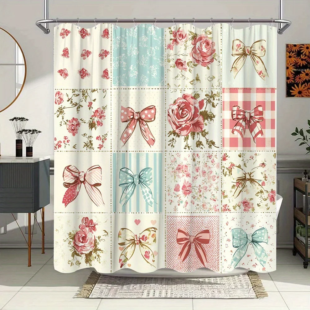 Charming Pink and Blue Floral Patchwork Waterproof Shower Curtain – Perfect for Adding a Soft and Romantic Touch to