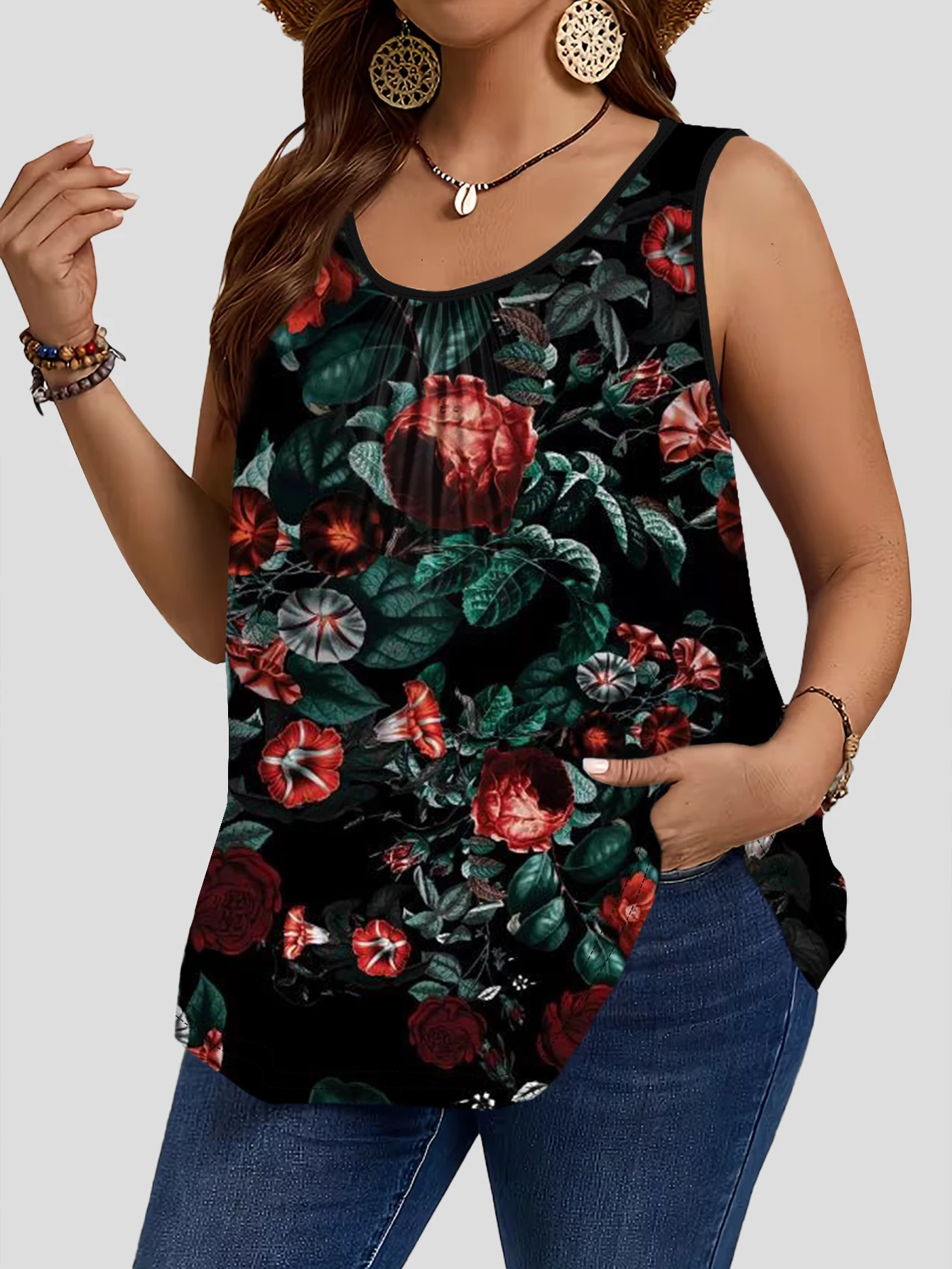 3-Piece Set of Plus-Size Women's Vintage Black Floral Print Tank Tops, Round Neck Loose Sleeveless Tops 3