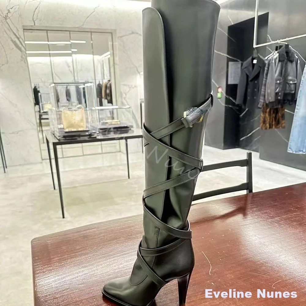 Women Black Over The Knee Boots Pointed Toe Multi Wrap Strap Buckle Stiletto Leather Tall Boots Fashion Nightclub Dress Heels