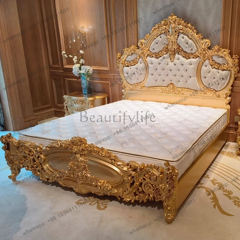 Gold Light Luxury Bed Solid Wood Modern High End European Confortable Bed Frame Double High End Cama De Casal Bedroom Furniture