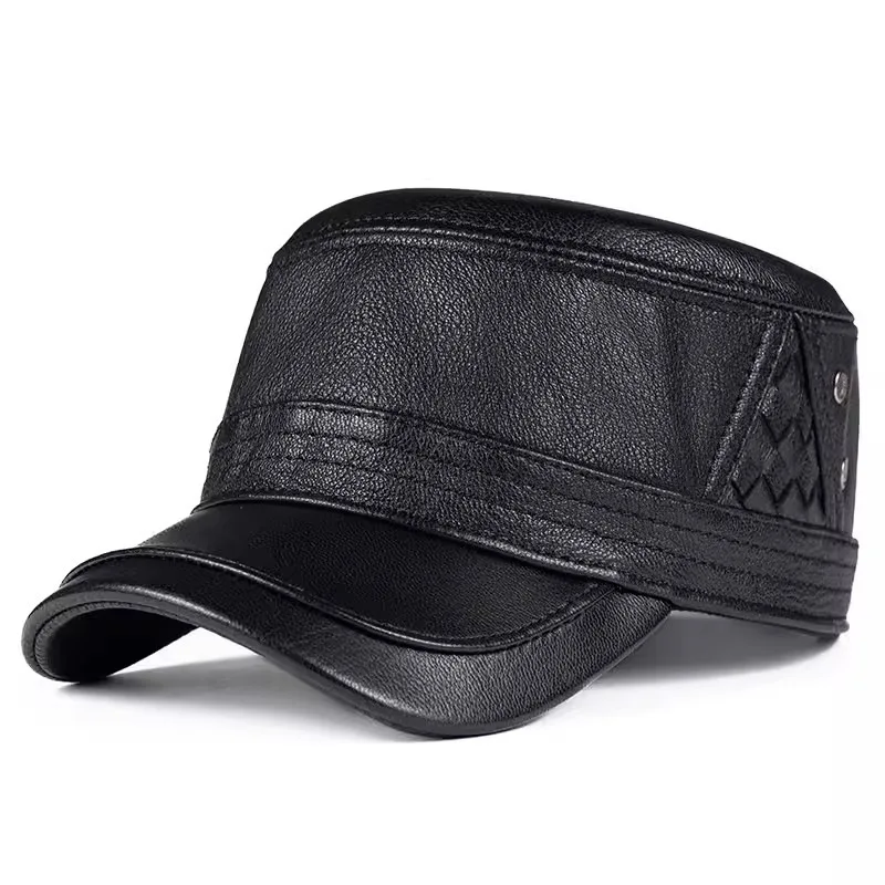 

Autumn Winter Genuine Leather Cap Flat Caps For Men Sheepskin Warm Military Hats Personality Versatile Leather Hat Snapback Cap