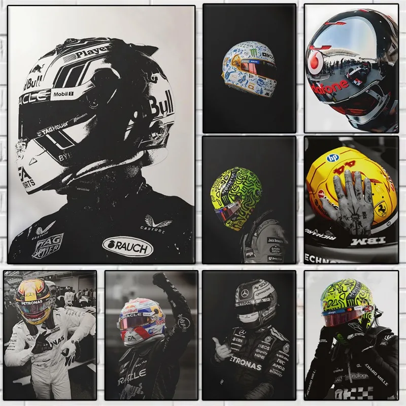 Affiche de casque de pilote de course automobile minimaliste, impression moderne de voiture de course, peinture sur toile, tableau mural pour décoration de salon et de maison