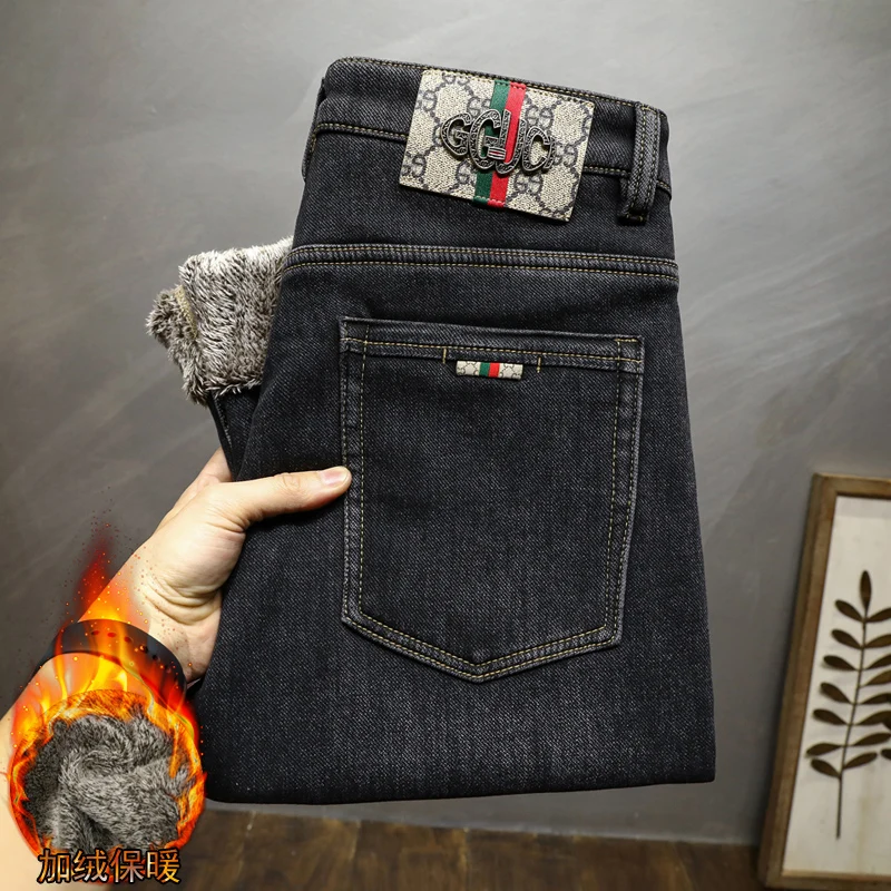 Jeans larghi da uomo in cotone a pile lungo addensato imbottito autunno e inverno pantaloni caldi casual neri con ricamo moda di lusso leggero