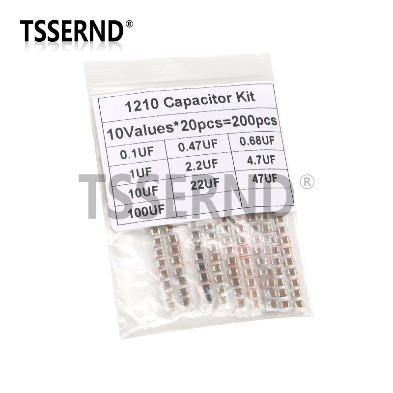 200pcs 1210 SMD Capacitor Assorted Kit 10Values 0.1uF - 100uF 100nF 0.47uF 0.68uF 1uF 2.2uF 4.7uF 10uF Capacitance Samples Set