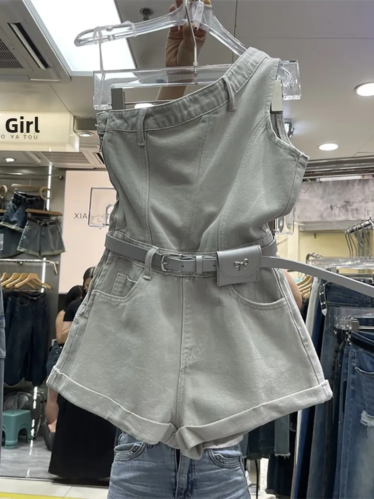 

American Sle Hot Girl Single oulder Denim Overalls Women's Summer High Waist Slimming Asymmetrical Wide Leg Hot Pants