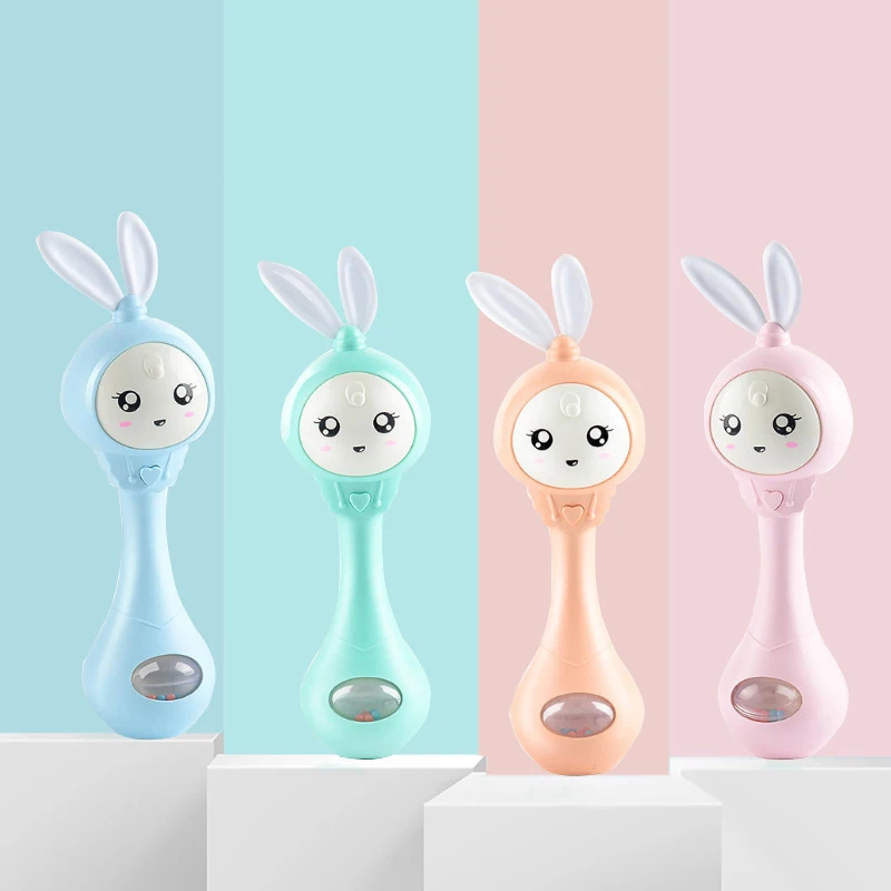 아기 음악 깜박이 딸랑이 장난감 토끼 Teether 핸드 벨 모바일 유아 중지 우는 눈물 딸랑이 신생아 조기 교육 장난감 18M