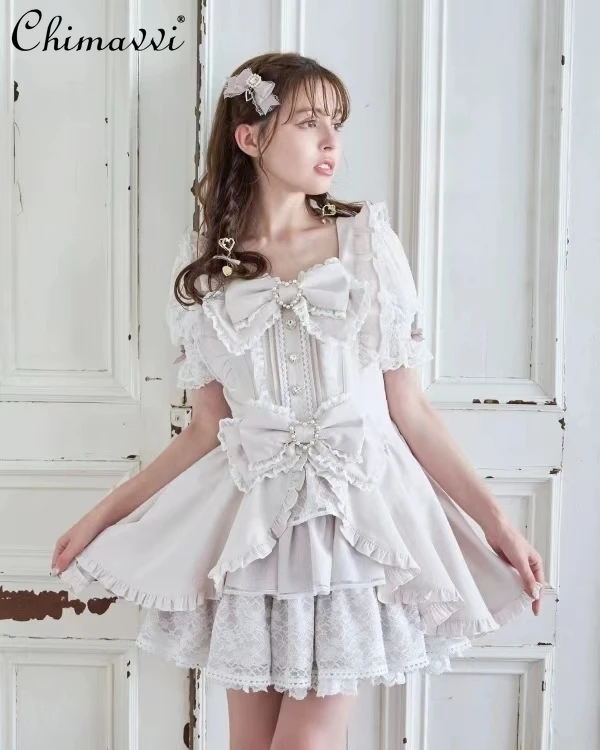 Autumn Japanese Sweet Big Bow Short Sleeve Slim Lolita Princess Mini Dress Shorts 2 Piece Set Girls Cute Dress Set Women Outfits