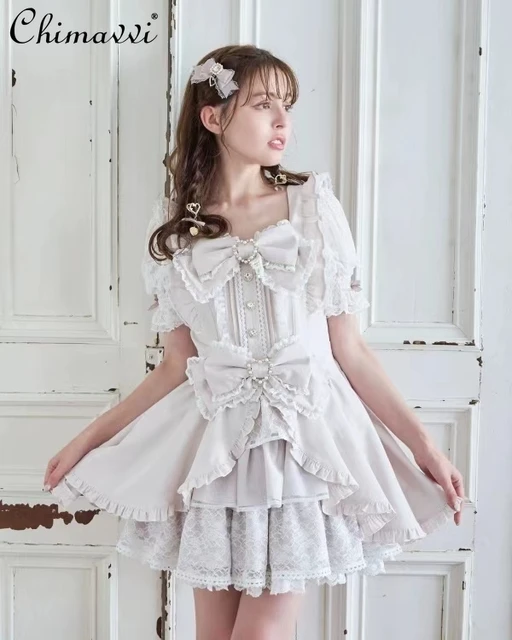 Autumn Japanese Sweet Big Bow Short Sleeve Slim Lolita Princess Mini Dress Shorts 2 Piece – view 2
