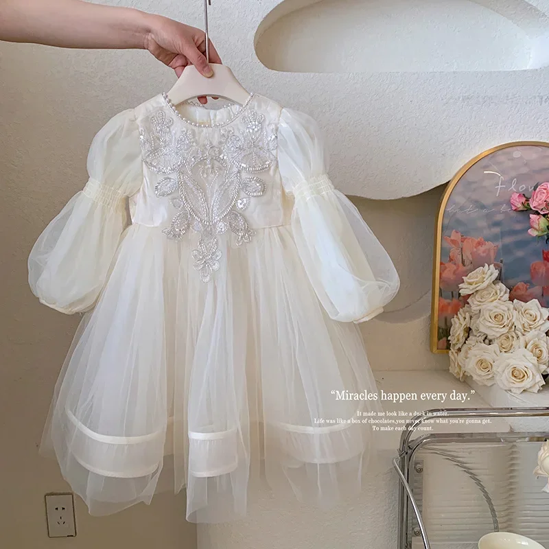 Girls' New High-End Flower Girl Birthday Dress Elegant Court Style Pearl Dress