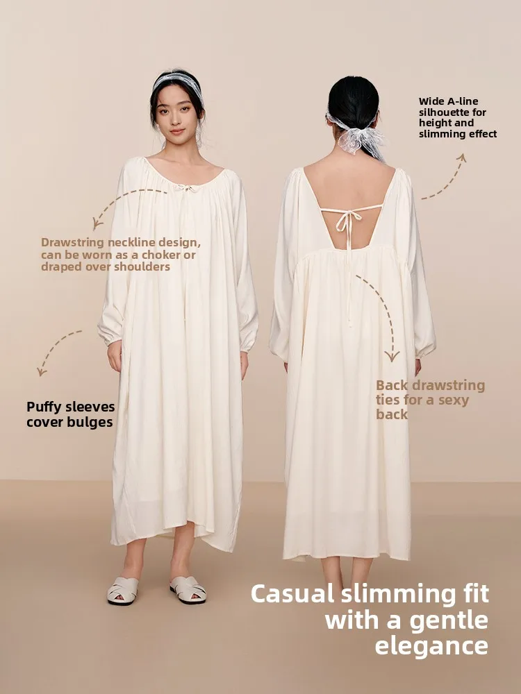 Luckmeeey Women's Long Sleeve Sleep Dress Casual Home Wear Outdoor Comfortable Nightgown Spring Summer Autumn Polyester Fiber